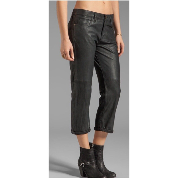 Current Elliott The Boyfriend Jet Black Goat Feather Leather Pants Women Size 28 - Picture 5 of 16
